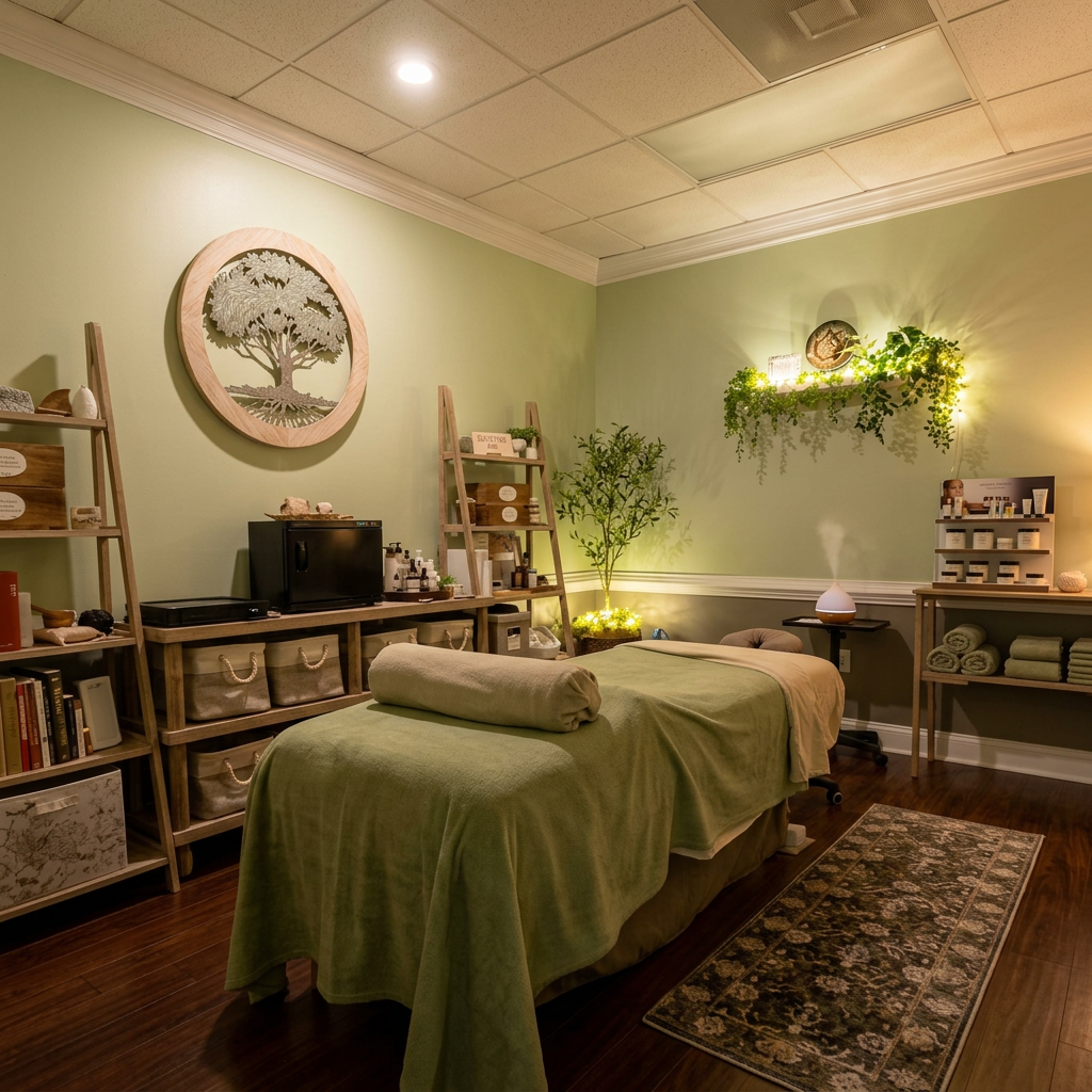 Comfortable massage table and calming decor inside Zen Within Massage Therapy
