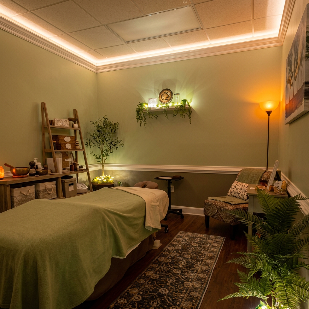 Wide view of the serene Zen Within Massage Therapy treatment room in Martinez, Georgia